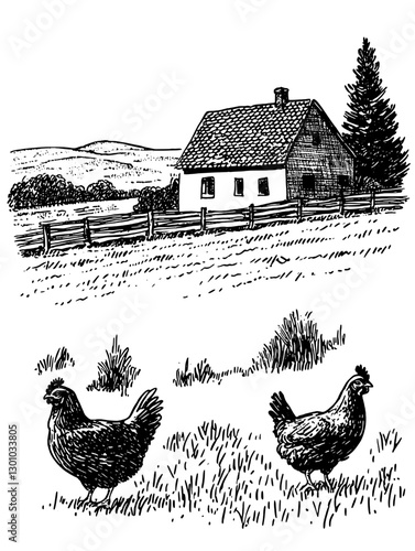 Vector engraved illustration of a rural farmhouse with chickens in a grassy field during a sunny day
