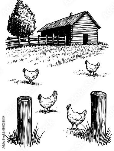 Vector engraved illustration of chickens near a barn in a rural setting with wooden posts and grass