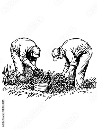 Engraved vector illustration of workers harvesting crops in a field during a sunny day