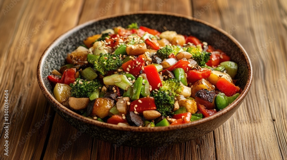 Asian style stir fried vegetables and noodles on wooden table Asian style stir fried vegetables and noodles on wooden table