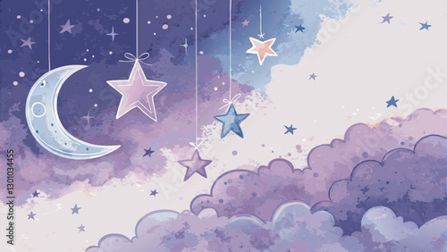 Soft watercolor background in dreamy purples and blues with stars and crescent moons, symbolizing hope and inspiration for charitable acts, copy space  