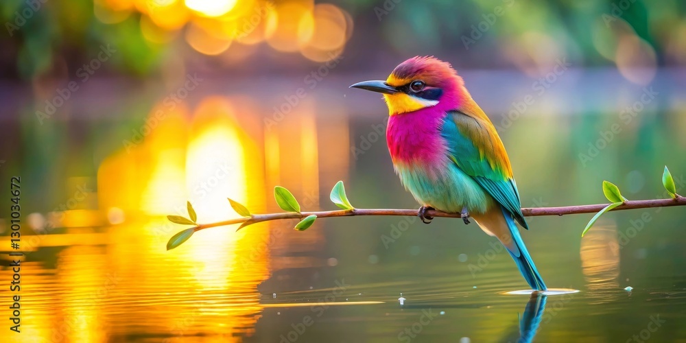 Fototapeta premium A Vibrant Bird Perched on a Branch Over Golden Water at Sunset
