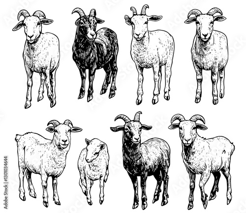 Vector engraved illustrations depicting various goat breeds for product design in rustic style