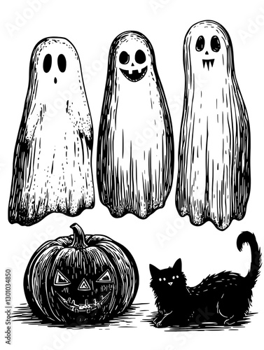 Engraved vector illustration featuring Halloween ghosts, a carved pumpkin, and a black cat for product design