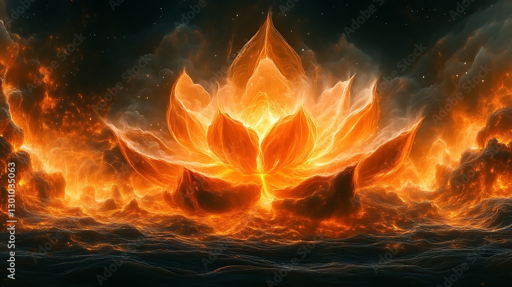Fototapeta premium Fiery Lotus Blossom Emerging From Cosmic Clouds