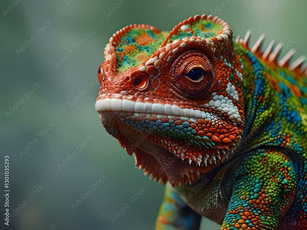 Obraz premium A close-up shot of a chameleon’s face, revealing its intricate textures, vibrant colors, and striking eye details. The image highlights the reptile's unique appearance and incredible adaptability.