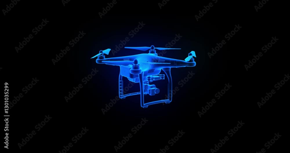 Illustration of Blue holographic projection continuously rotating drone on a black background Illustration of Blue holographic projection continuously rotating drone on a black background