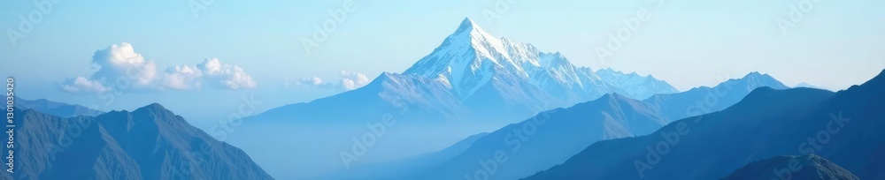 Fototapeta premium Glacier peak under blue cloudy sky with foggy mist, cloudy, dreamy