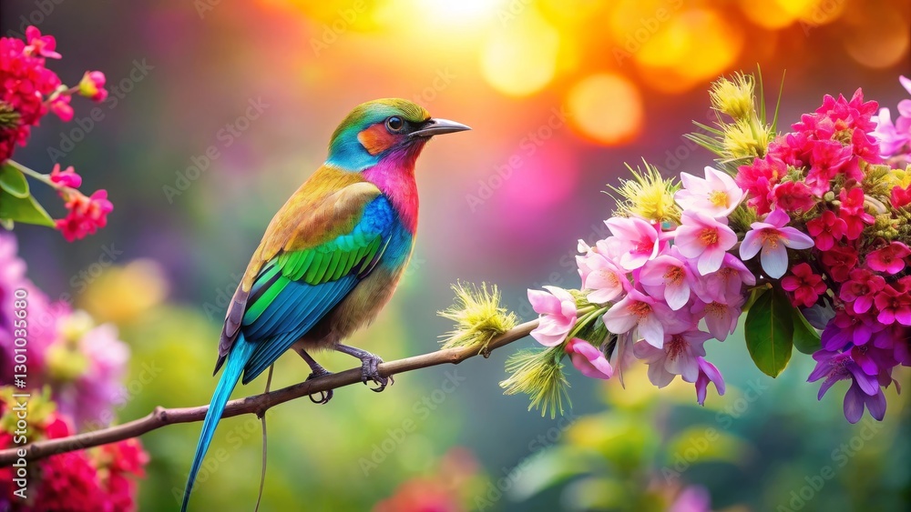 Obraz premium A vibrant multicolored bird perched on a blossoming branch, surrounded by a breathtaking array of colorful flowers in a sun-drenched garden