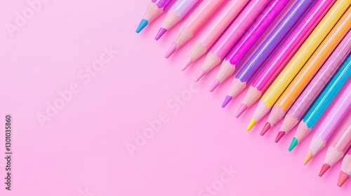 Colorful pencils on pink background; creative art supplies; design element; website banner