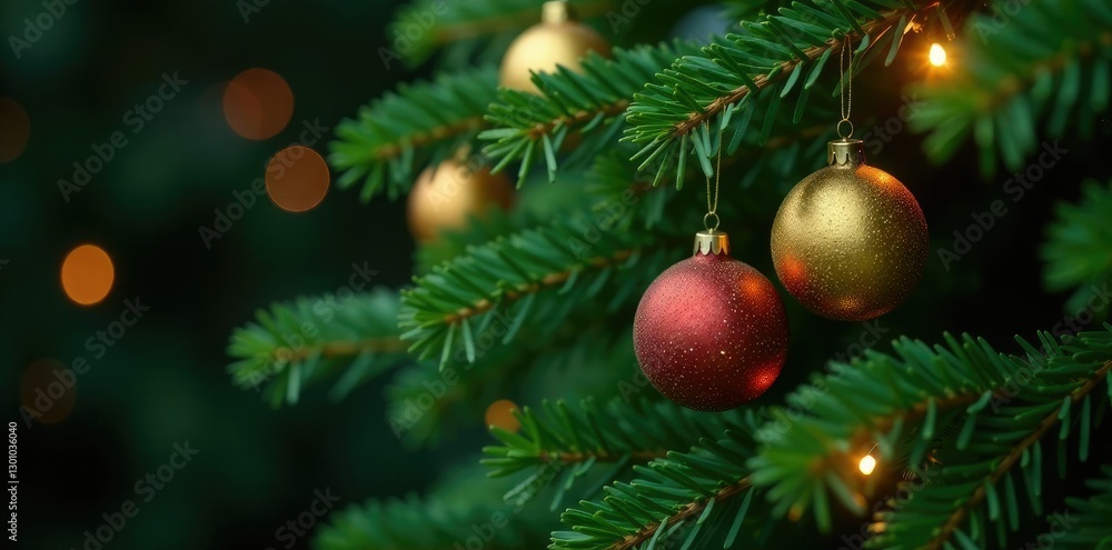 golden ornaments adorning the branches of a lush fir tree, evergreen, festive colors golden ornaments adorning the branches of a lush fir tree, evergreen, festive colors