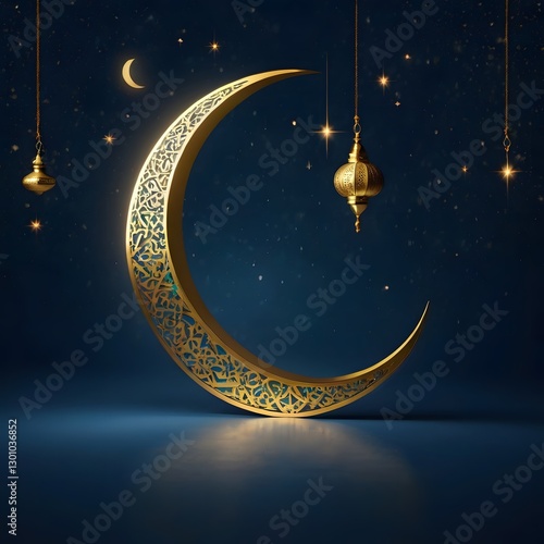 Islamic blue blank minimalist wallpaper, crescent big size in the middle, shining in gold , Ramadan the holy month, warm ambience, blessing