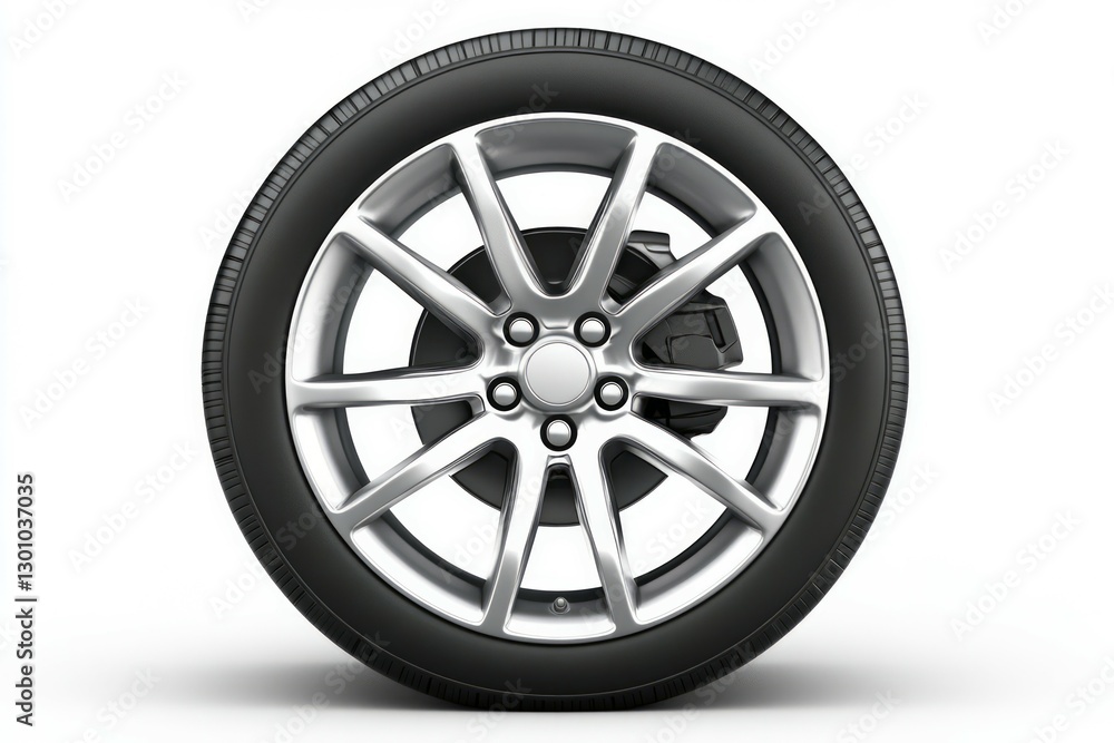 Glossy black car wheel on white background. AI generated Glossy black car wheel on white background. AI generated
