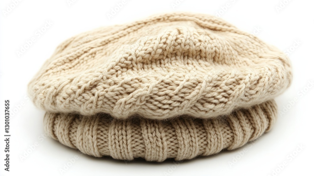 A slouchy knit beret in cream, isolated white background A slouchy knit beret in cream, isolated white background