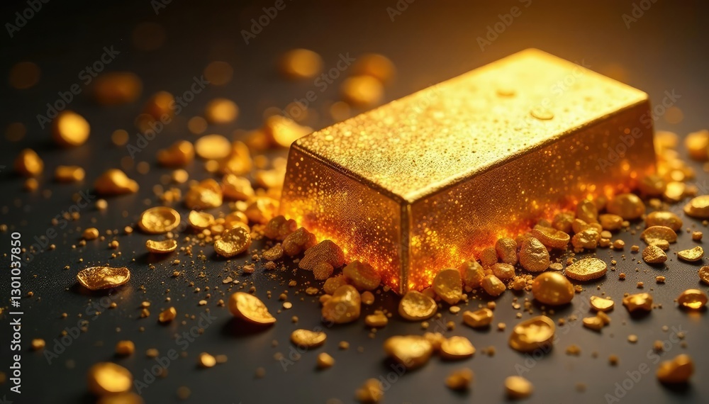 Golden slab in a sea of shimmering golden flakes, sparkle, pile, metallic Golden slab in a sea of shimmering golden flakes, sparkle, pile, metallic