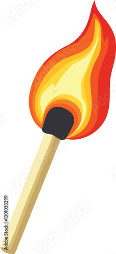 Burning Matchstick Fire Flame Clipart Illustration. Lit Match Fire Icon Simple Vector Design. Blazing with Flame Heat and Energy Symbol. Matchstick on Fire Flat Style Clipart.