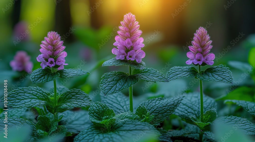 Obraz premium Selective focus on red deadnettle (Lamium purpureum), a herbal plant in the forest.
