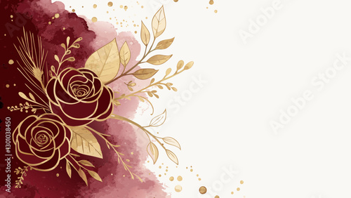 Elegant watercolor wash in rich burgundy and gold, symbolizing generosity and compassion with luxurious textures, copy space  