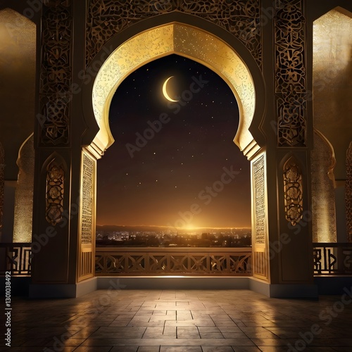 Islamic blue blank minimalist wallpaper, crescent big size in the middle, shining in gold , Ramadan the holy month, warm ambience, blessing