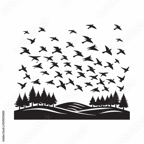 Silhouette of birds flying over hills and pine trees