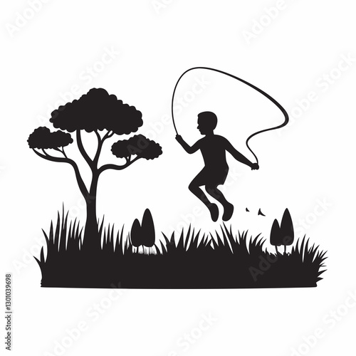Boy jumping with rope in grassy field with trees