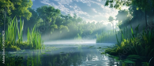 Lush prehistoric late jurassic wetland scene with verdant vegetation and misty atmosphere