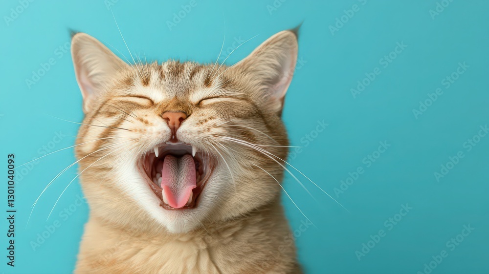 Fototapeta premium Playful Tabby Cat Yawning Against Teal Background