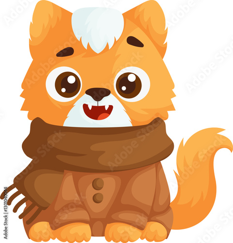 Adorable orange cartoon cat sitting happily, dressed in a cozy brown coat and matching scarf, on a white background. Perfect for winter designs.