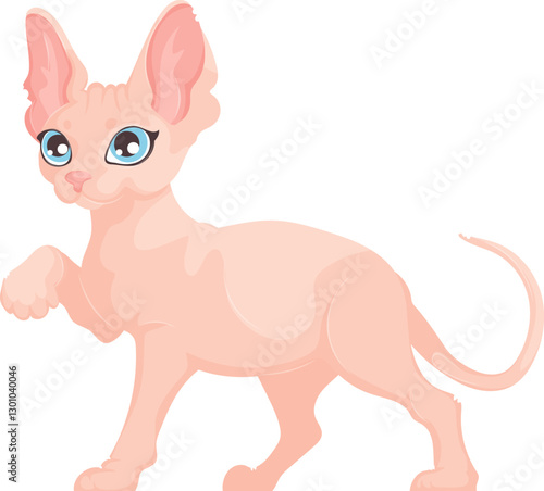 Stylized vector illustration of a pink hairless cat with blue eyes, mid-step, on a white background. Minimalist design.
