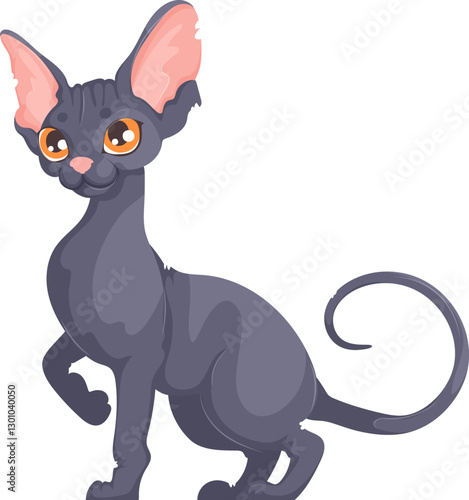 Vector artwork of a black hairless cat with orange eyes, upright posture, and curled tail on a white background.