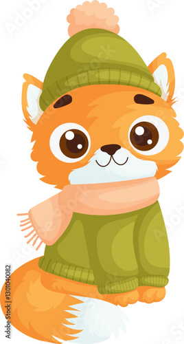 Cute orange cartoon cat sitting happily, dressed in a green sweater, matching hat with pom-pom, and pink scarf, on a white background.