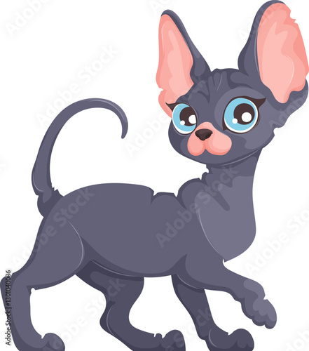 Vector artwork of a gray hairless Sphynx cat with blue eyes and large ears, mid-step, on a white background.