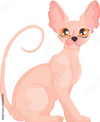 Vector illustration of a pink hairless Sphynx cat with orange eyes and large ears, sitting with a curled tail on a white background.