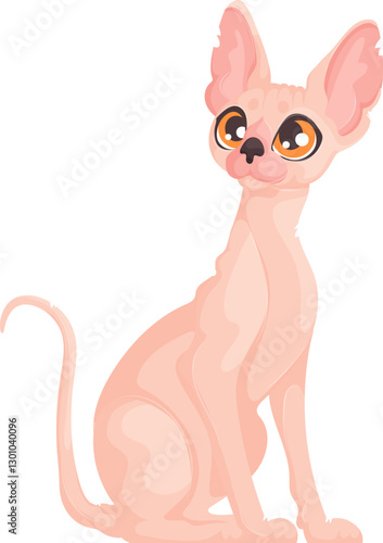 Elegant cartoon illustration of a hairless Sphynx cat sitting upright with a curious expression, on a white background. Ideal for pet designs.
