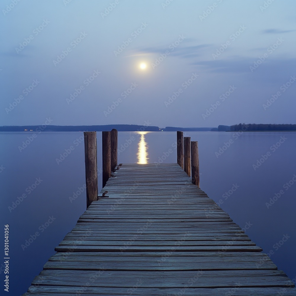 Fototapeta premium A quiet fishing dock, with the full moons glow reflecting gently on the wooden planks ar 16:9 v 6.1 q 2