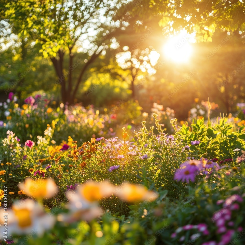 Obraz premium Blooming Flower Garden at Sunset with Sun Flare and Warm Light