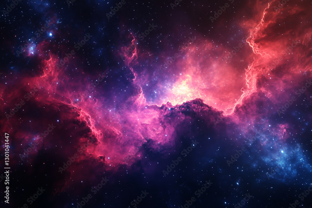 Fototapeta premium Amazing nebula cloud in deep space, cosmic background, stars and galaxies, space art, fantasy, dark colors, red, purple, and blue, fantasy.