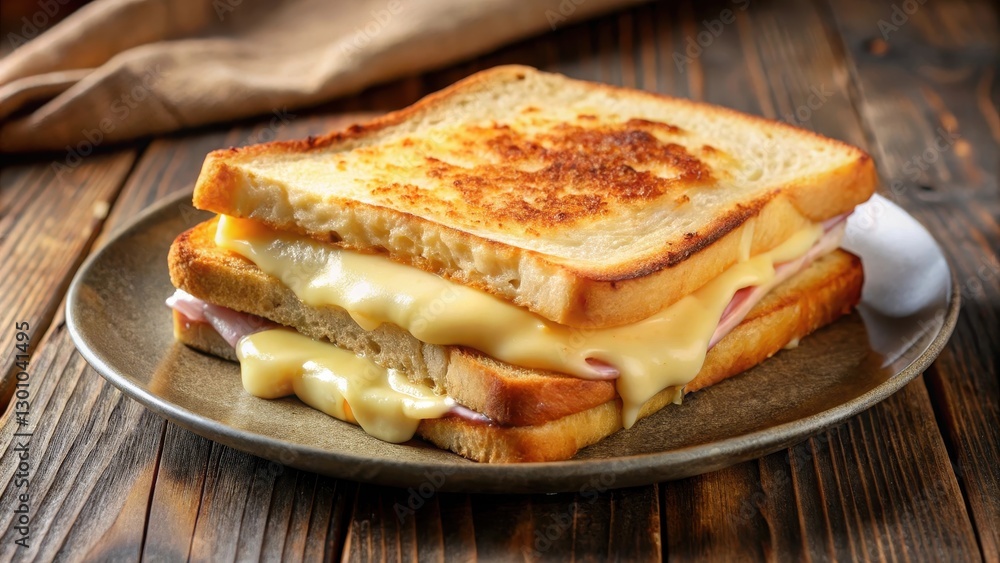 Toasted Croque Monsieur sandwich on a plate, with crispy bread and melted cheese, golden brown , sandwich, golden brown Toasted Croque Monsieur sandwich on a plate, with crispy bread and melted cheese, golden brown , sandwich, golden brown