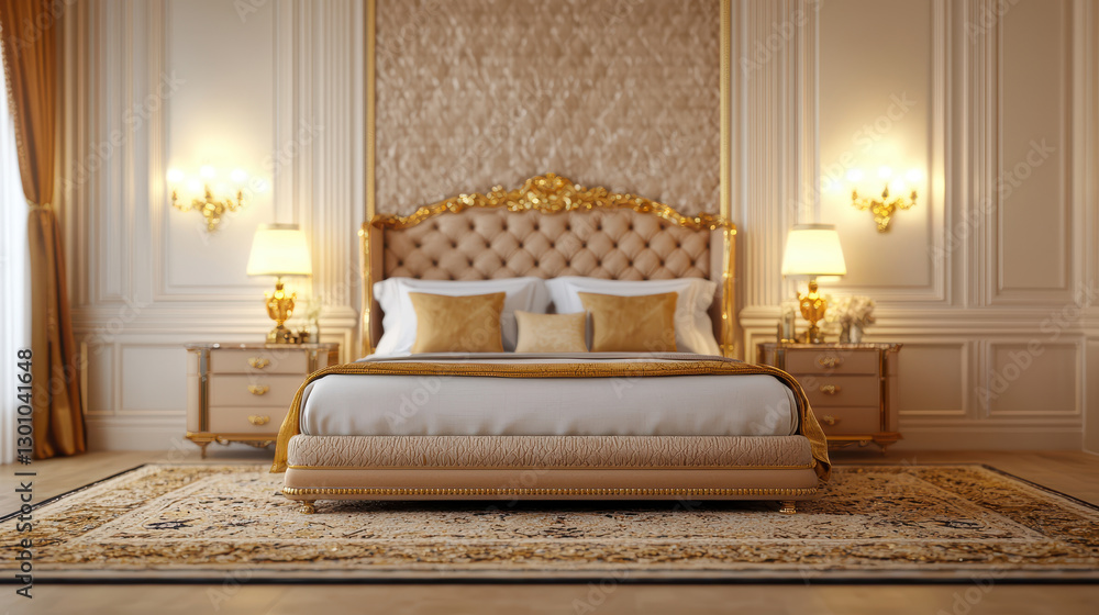 Fototapeta premium Luxurious bedroom with ornate decor, elegant bed, and warm lighting Quality is King