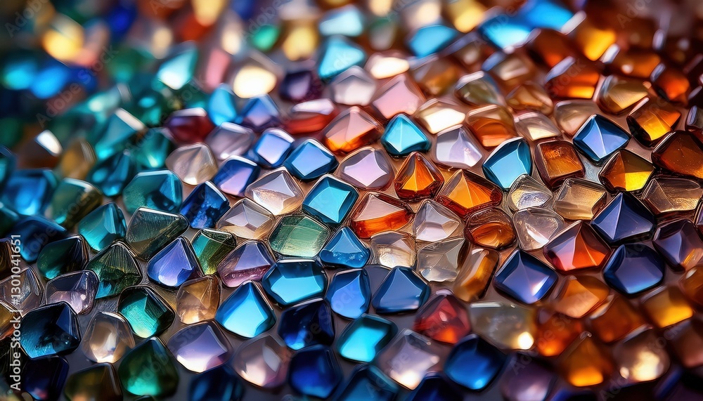 Ultra-macro shot of a mosaic piece, highlighting tiny glass fragments, their textures, and reflections. Light dances across the surfaces, showcasing intricate details and vibrant color variations. Ultra-macro shot of a mosaic piece, highlighting tiny glass fragments, their textures, and reflections. Light dances across the surfaces, showcasing intricate details and vibrant color variations.
