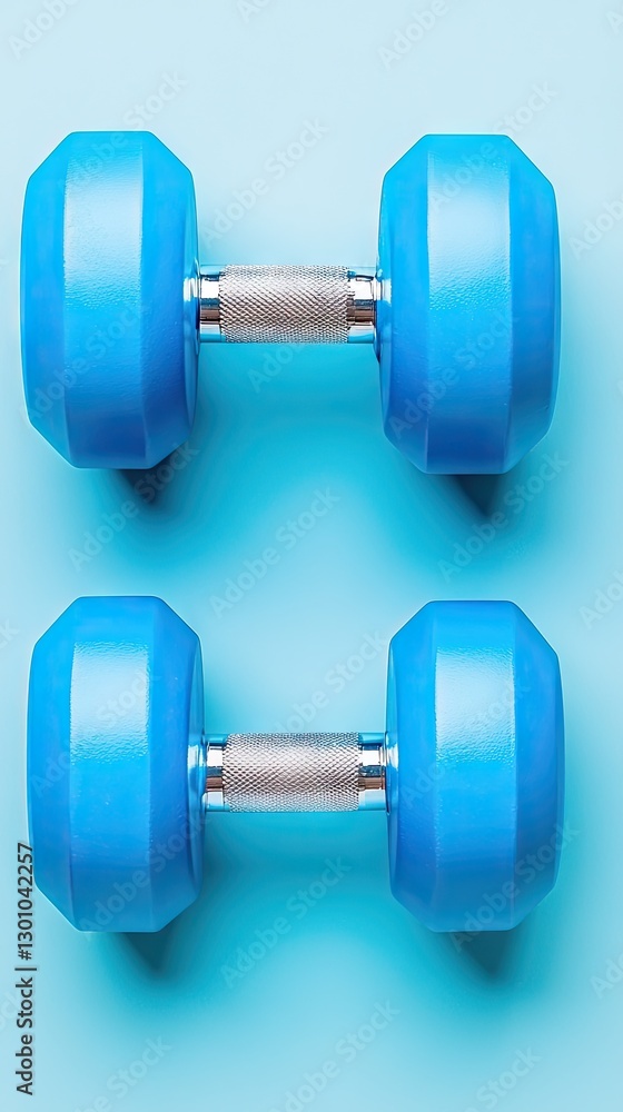 Obraz premium Blue dumbbells on blue background, fitness workout (1)