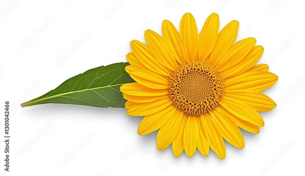 Obraz premium Vibrant Yellow Sunflower with Green Leaf on White Background
