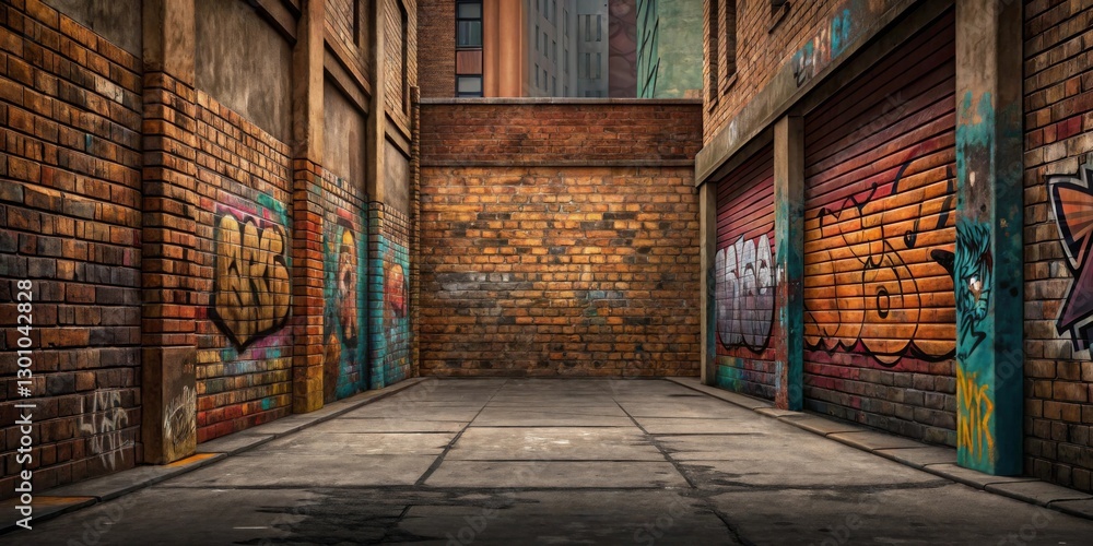 Fototapeta premium A gritty, urban textured background with the appearance of weathered brick walls, graffiti, and peeling paint for a street-style aesthetic
