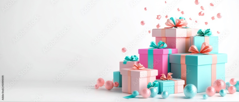 Fototapeta premium Modern minimalist gift display with stacked boxes and pastel decorations for celebrations and special occasions