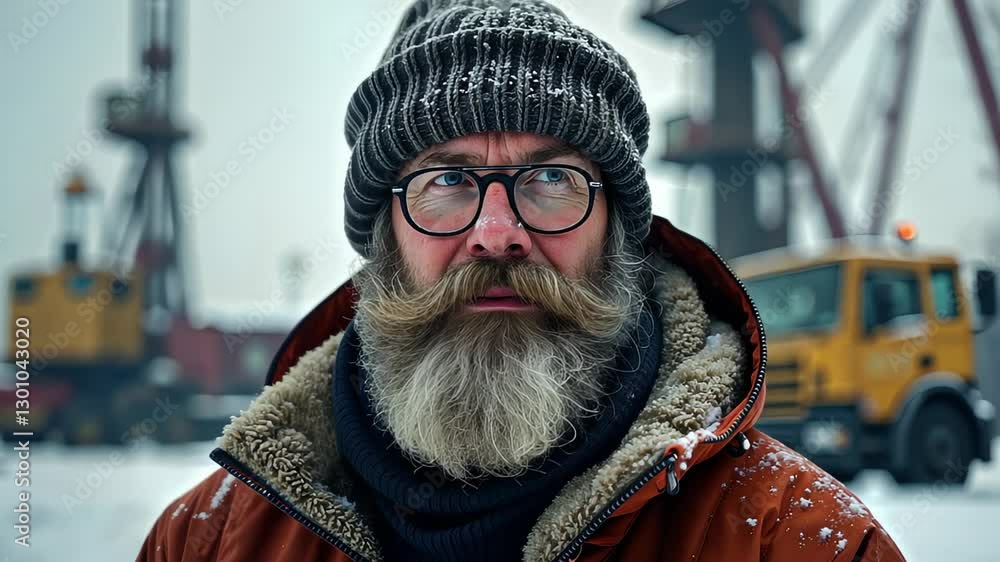 Rugged man in winter gear at industrial harbor Rugged man in winter gear at industrial harbor