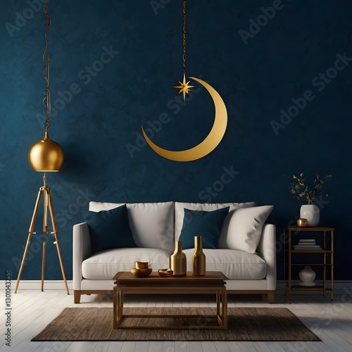 Islamic blue blank minimalist wallpaper, crescent big size in the middle, shining in gold , Ramadan the holy month, warm ambience, blessing