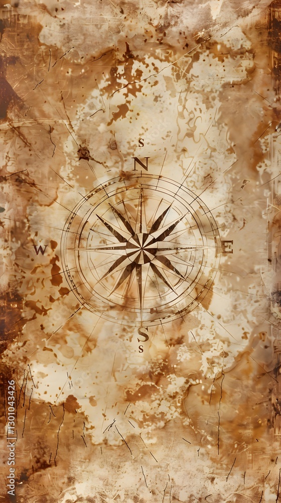 Fototapeta premium Aged parchment texture with compass and faint map lines. Ideal for vintage art, pirate designs, and historical backgrounds. High-resolution surface.