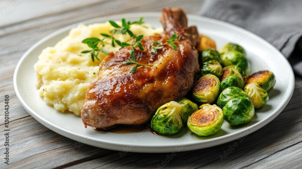 Roast rabbit thigh with mashed potatoes and boiled brussels sprouts served on white plate on wooden background Roast rabbit thigh with mashed potatoes and boiled brussels sprouts served on white plate on wooden background