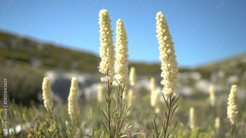 Fototapeta premium Elegant White Flowers Blooming in Natural Mountain Meadow Setting