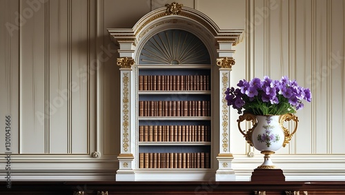 Elegant Bookshelf with Ornate Vase of Purple Flowers in Classic Room